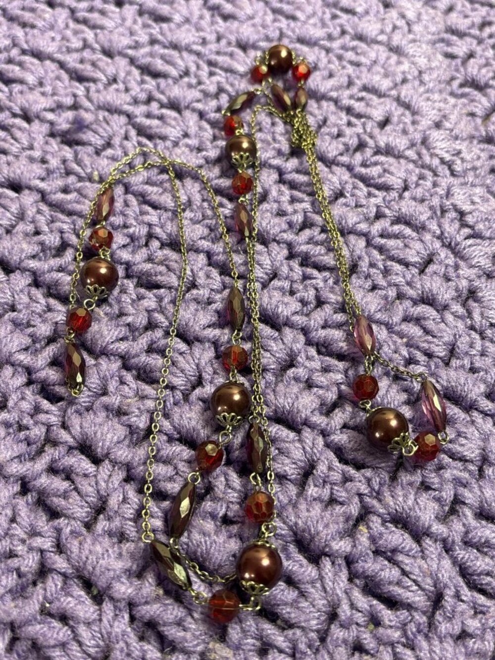 Purple and Red Plastic Beaded Gunmetal Chain Necklace 59 inches Long